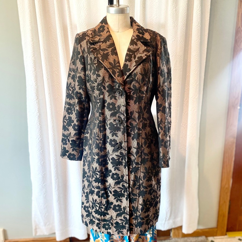Vintage Brocade Trench Coat, Black Copper Metallic Floral, Size 12 - Picture 3 of 11